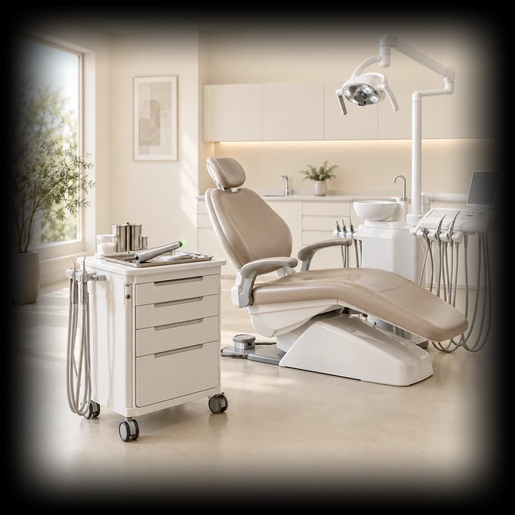 A dental laser handpiece rests on a tray beside a treatment chair.