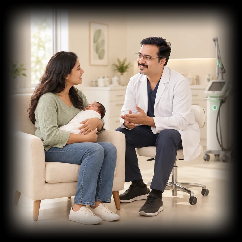 A mother holds her newborn while a doctor explains the visit.