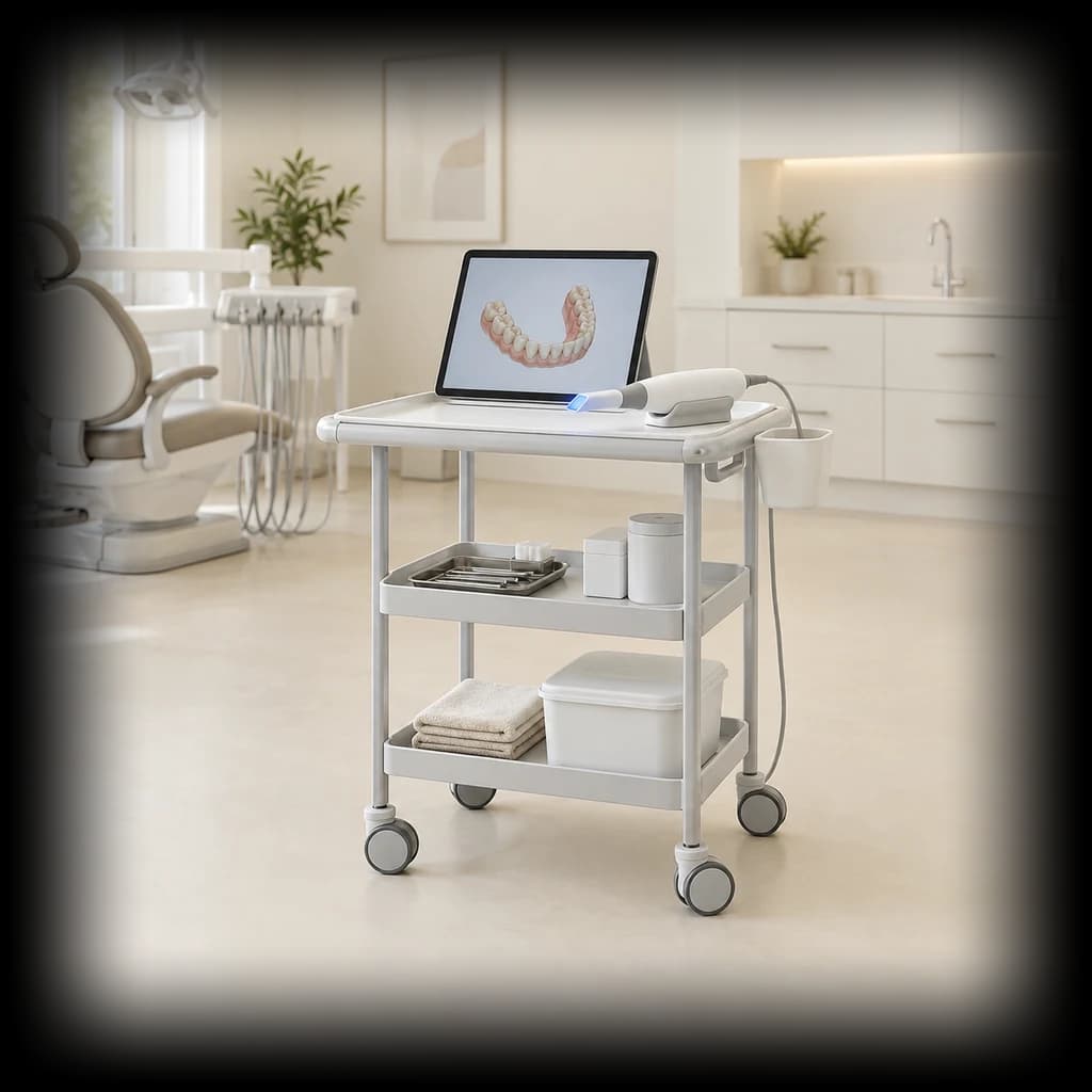 A blue-light oral scanner and a dental scan tablet on a clinical trolley.
