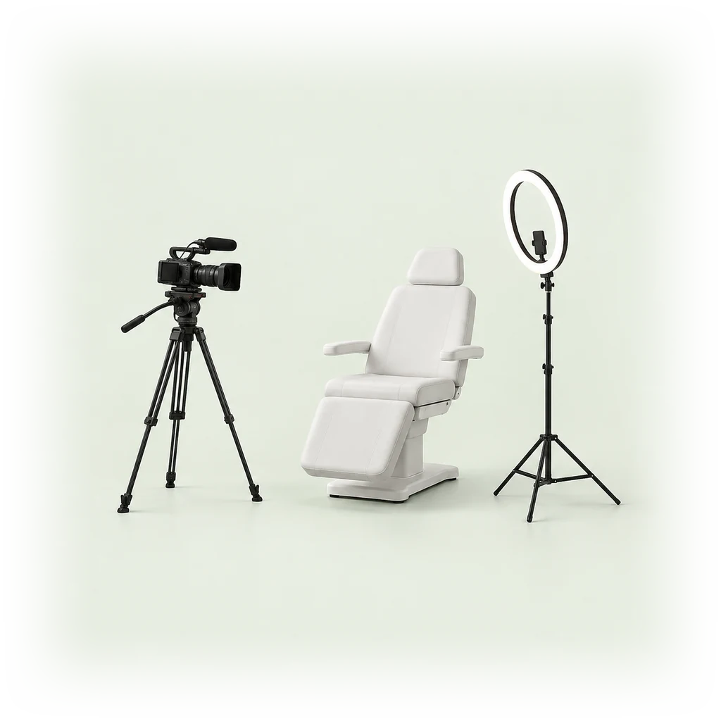 A video camera on a tripod facing a clinic chair.