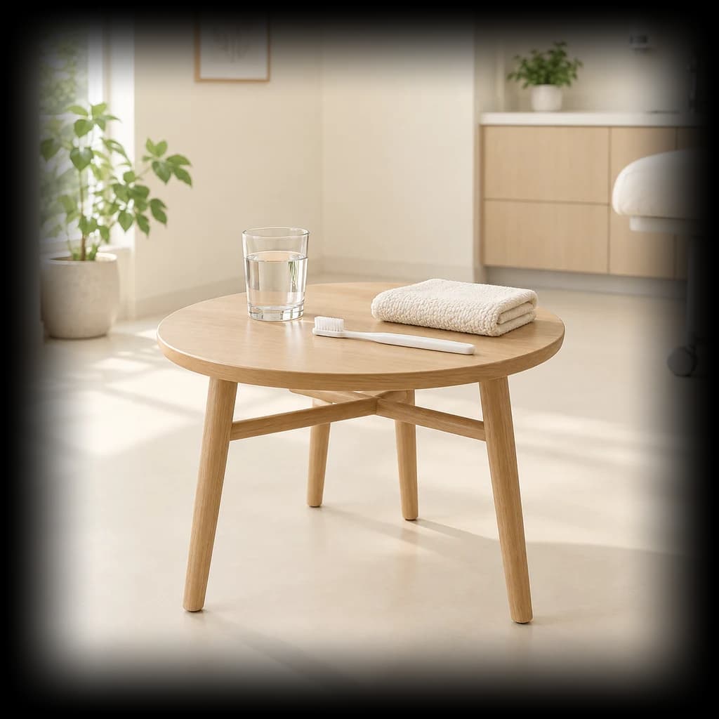 A glass of water, a soft toothbrush and a folded cloth on a wooden table.