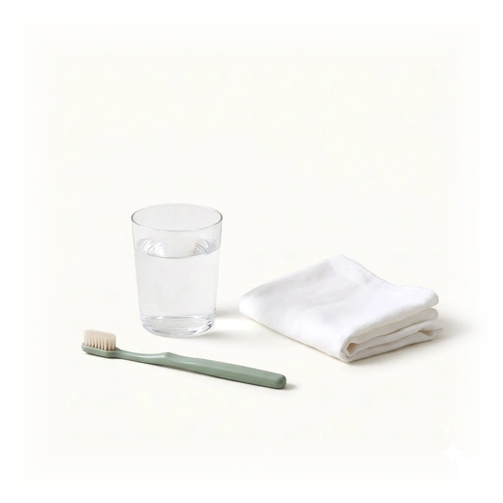 A glass of water, a soft brush and a folded cloth.