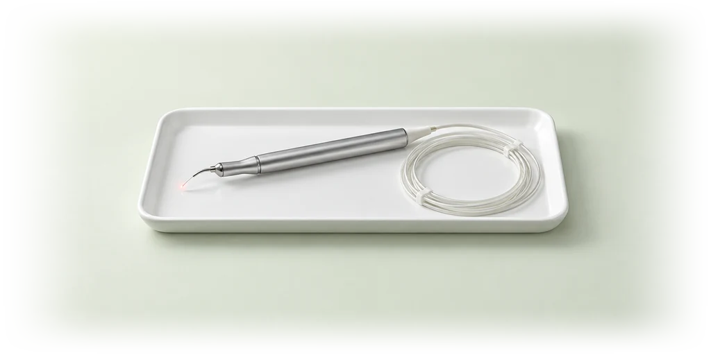 A dental laser handpiece and coiled fibre rest on a white tray.