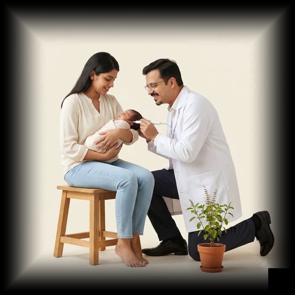 A mother holding a newborn with the doctor beside her.