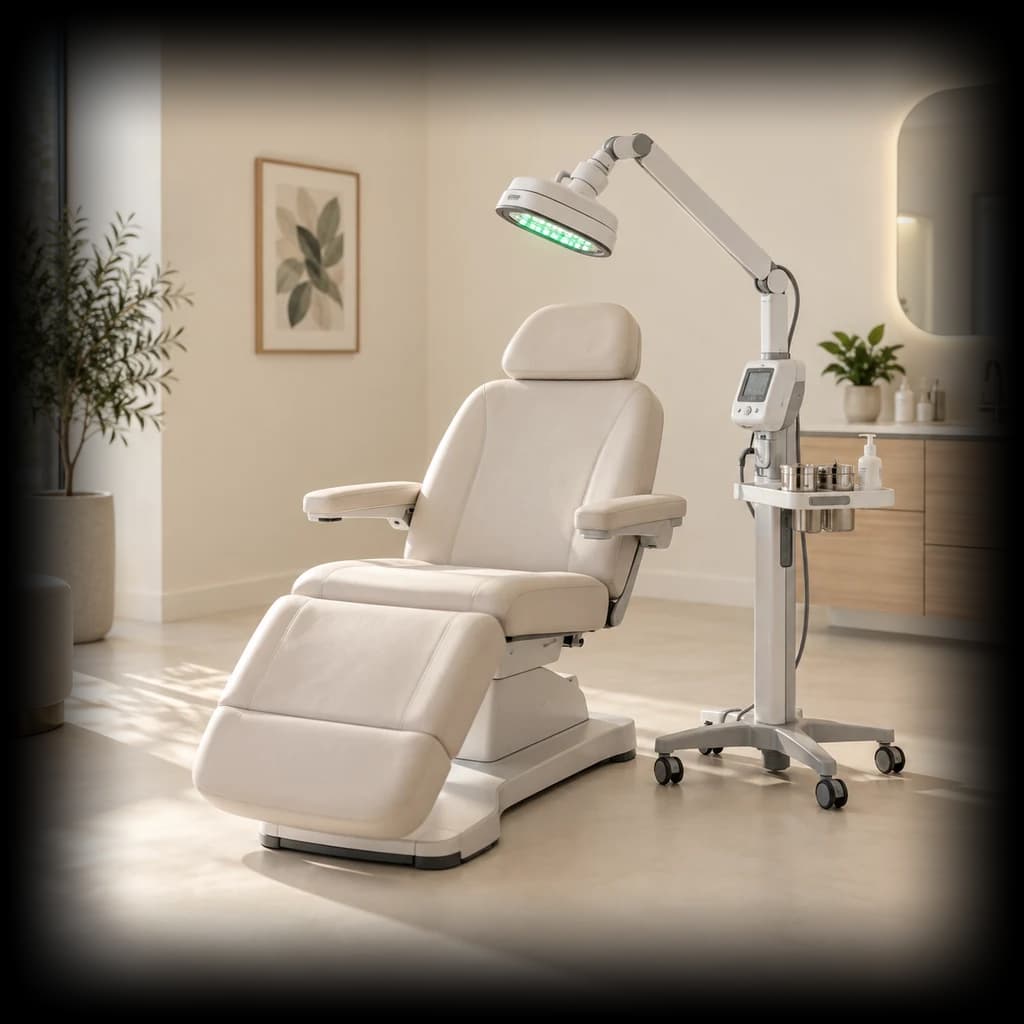 A treatment chair, light therapy arm and tool tray in a clinic.