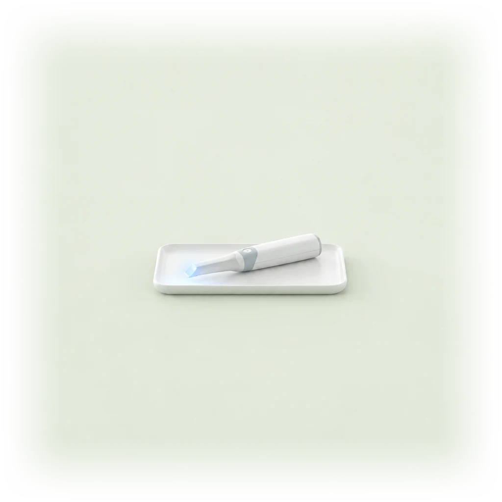 A compact blue-light mouth scanner rests on a white tray.