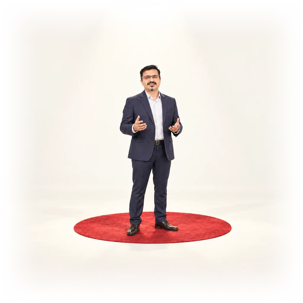 Dr. Yavagal speaking on a red stage under a spotlight.