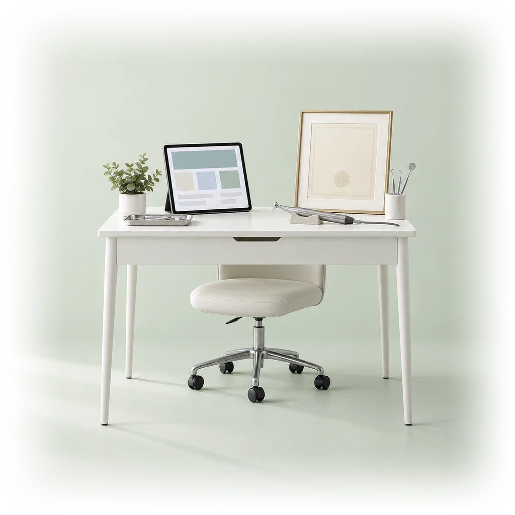 A desk with a tablet, a fellowship certificate and a laser handpiece.